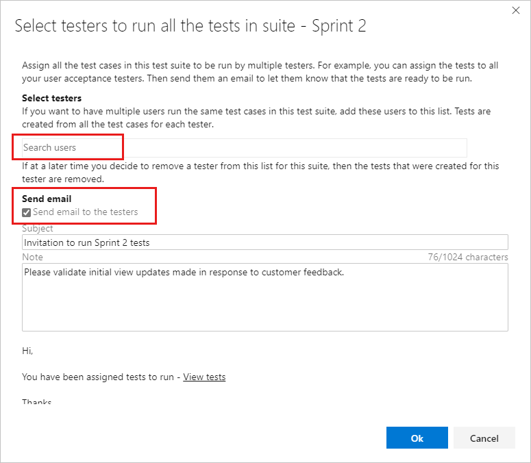 Screenshot che mostra l'assegnazione di tester per eseguire tutti i test finestra di dialogo con Gli utenti di ricerca e Invia messaggio di posta elettronica evidenziata.