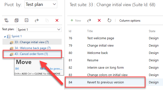 Screenshot del trascinamento della selezione di un test case da un gruppo di test a un altro.