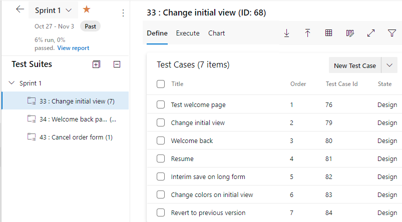 Screenshot di Piani di test di Azure, piani di test, gruppi di test, scheda Definisci