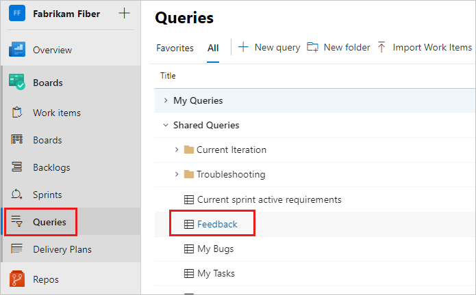 Screenshot che mostra Boards con Query selezionate e la query Feedback selezionata.