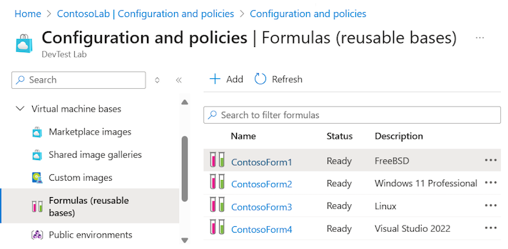 Screenshot che mostra l'elenco di formule e basi riutilizzabili per un lab in DevTest Labs.