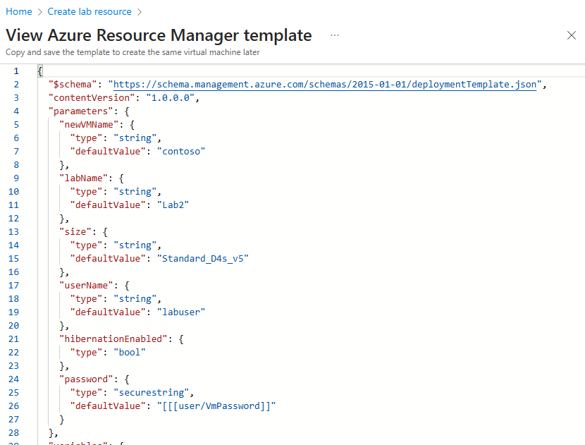 Screenshot che mostra un modello di Resource Manager da salvare per un uso successivo.