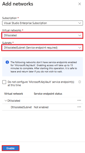 Screenshot che mostra l'abilitazione di una rete virtuale e una subnet in un insieme di credenziali delle chiavi.