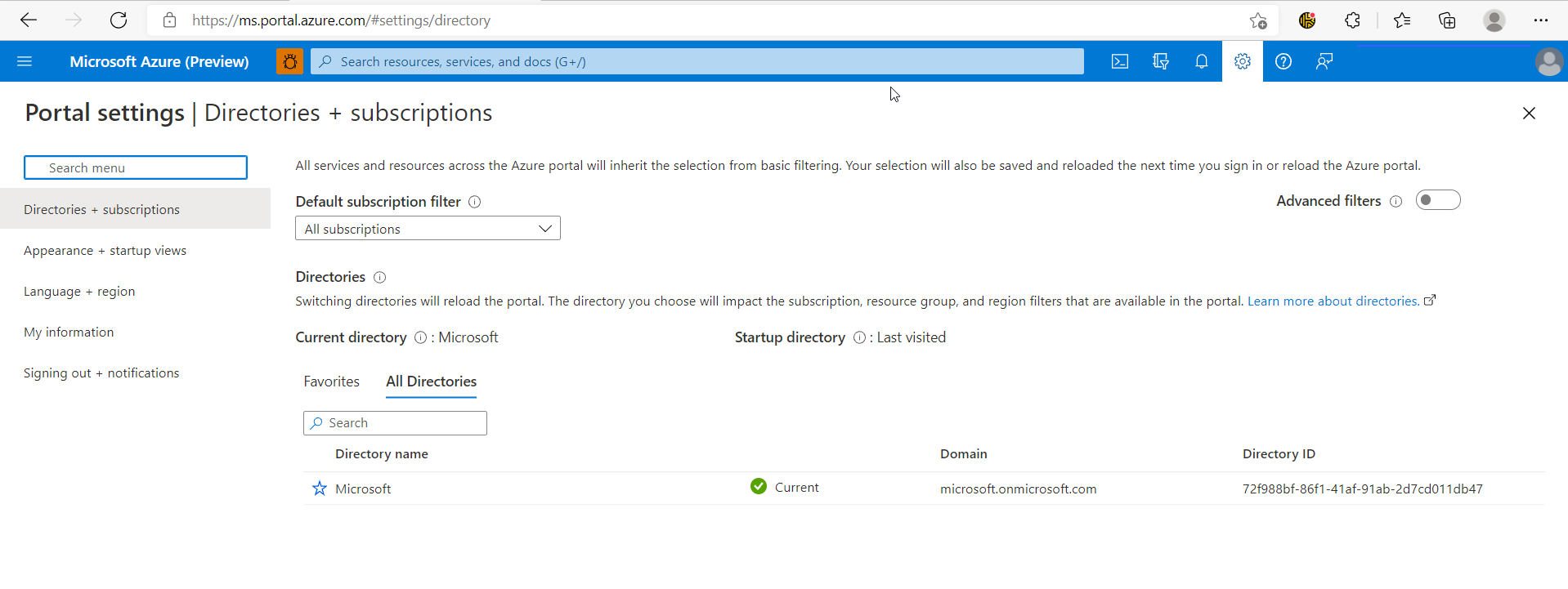 Screenshot della finestra Directory e sottoscrizione in portale di Azure.