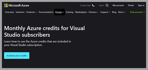 Screenshot della pagina Crediti Azure mensili per i sottoscrittori di Visual Studio.