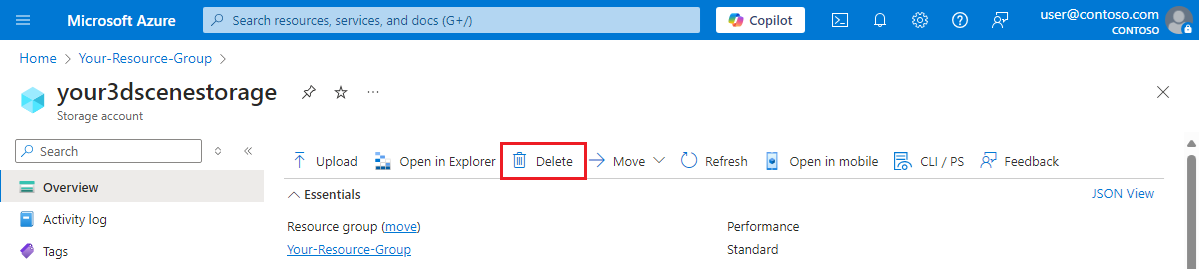 Screenshot della pagina Panoramica per un account di archiviazione di Azure nel portale di Azure. Il pulsante Elimina è evidenziato.