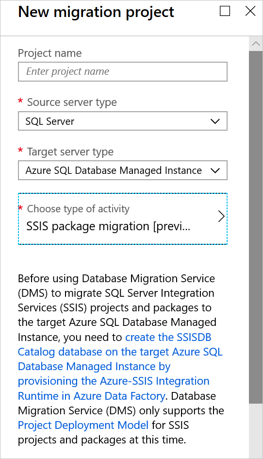 Screenshot di Crea un progetto del Servizio Migrazione del database.