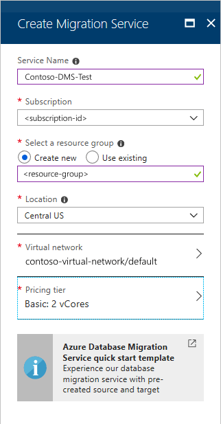 Screenshot della finestra di dialogo Crea Servizio Migrazione del database.