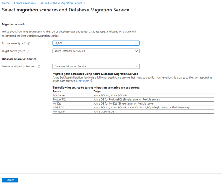 Screenshot di un comando Seleziona scenario di migrazione.