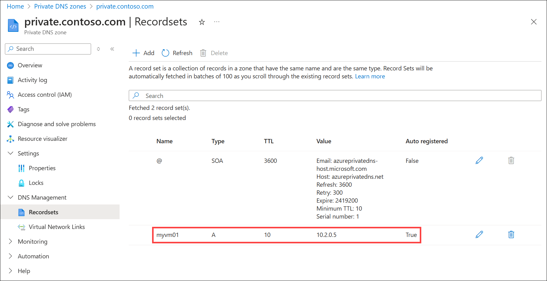 Screenshot di un record DNS registrato automaticamente.