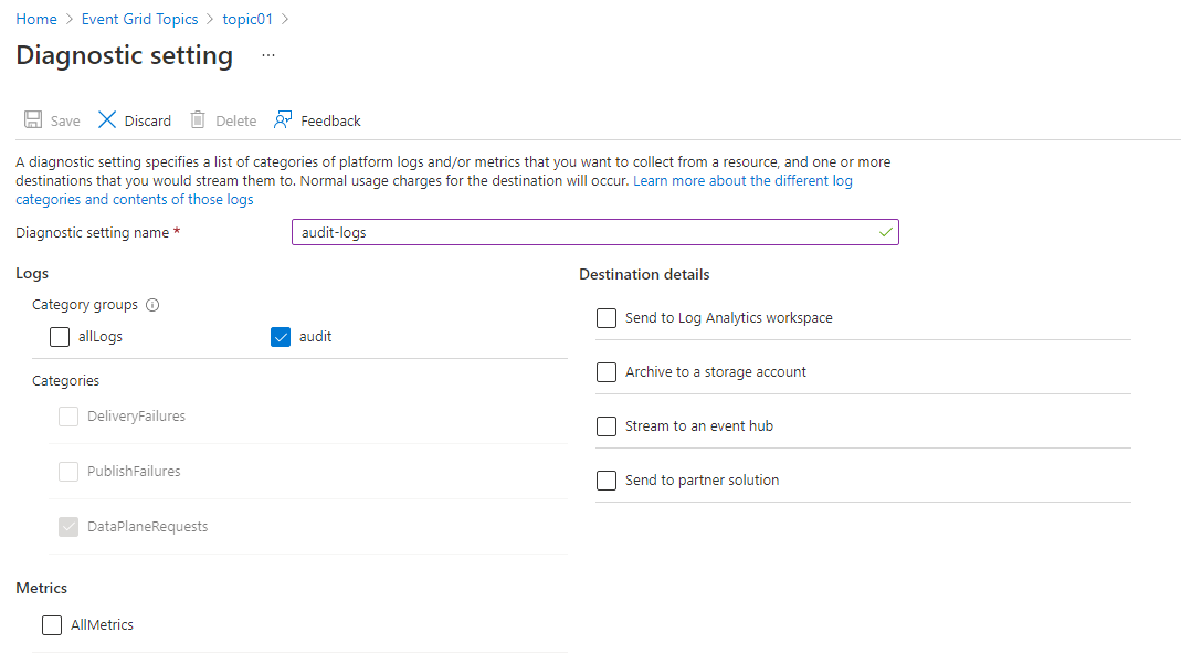 Screenshot che mostra la pagina Impostazioni di diagnostica con Audit selezionato.