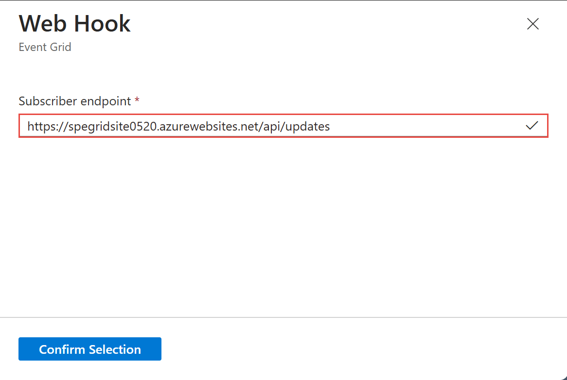 Screenshot che mostra la pagina Web Hook con un valore per l'endpoint sottoscrittore.