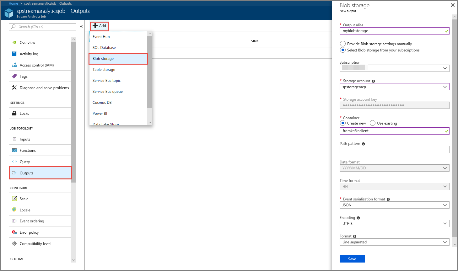 Configurazione dell'output dell'archivio BLOB