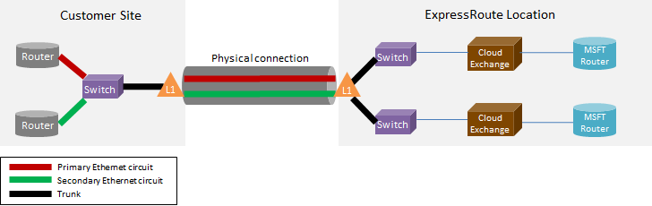 Il diagramma evidenzia i circuiti virtuali primari e secondari di livello 1 (L1) che costituiscono la connessione fisica tra i commutatori in un sito del cliente e in una località ExpressRoute.