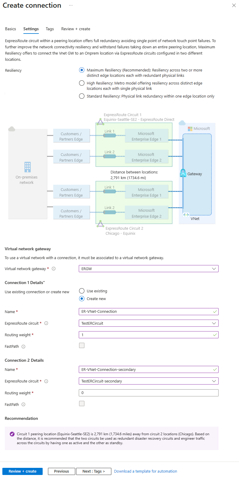 Screenshot della pagina delle impostazioni per le connessioni ExpressRoute con resilienza massima a un gateway di rete virtuale.