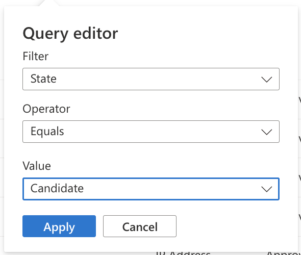 Screenshot che mostra l'editor di query che cerca gli asset candidati.