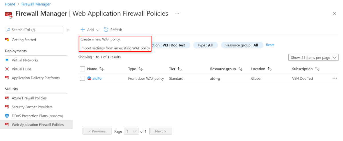 Screenshot dei criteri Web application firewall di Gestione firewall.