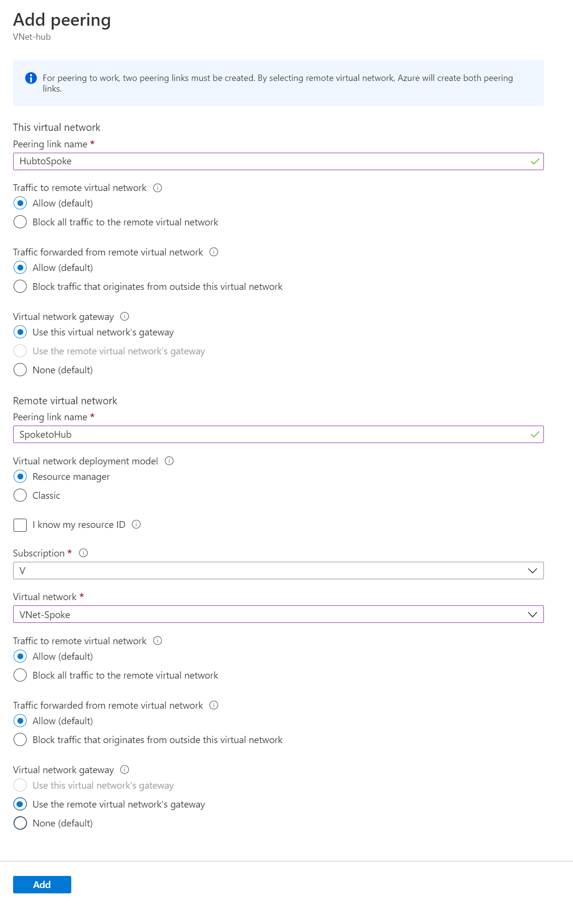 Screenshot che mostra le selezioni per le reti virtuali hub di peering e spoke.