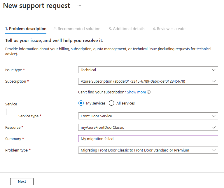 Screenshot di una nuova richiesta di supporto per il problema di migrazione di Frontdoor di Azure (versione classica).