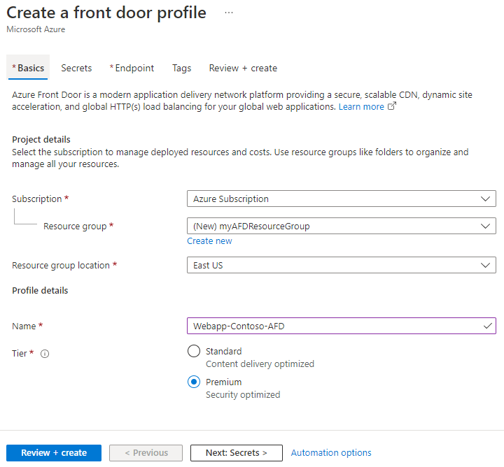 Creare un profilo frontdoor