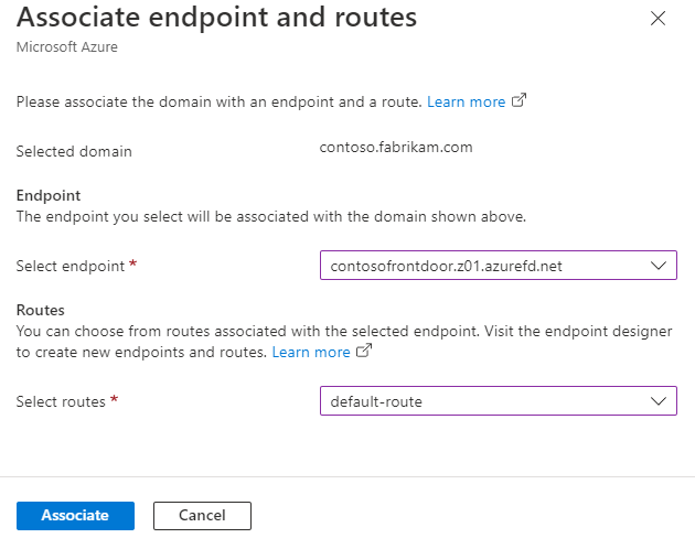 Screenshot del riquadro Associa endpoint e route.