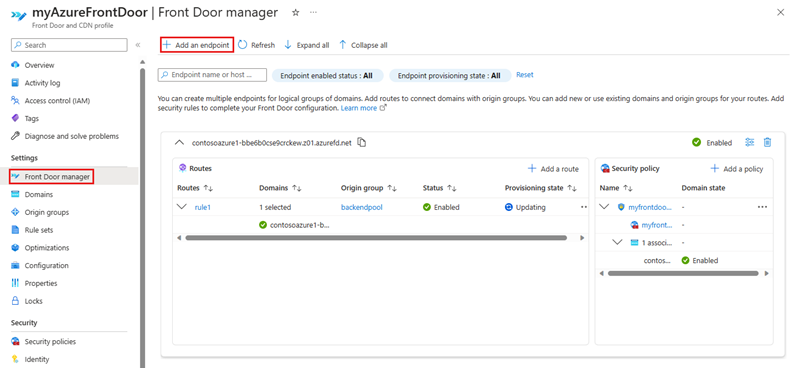 Screenshot dell'aggiunta di un endpoint tramite Gestione Frontdoor.