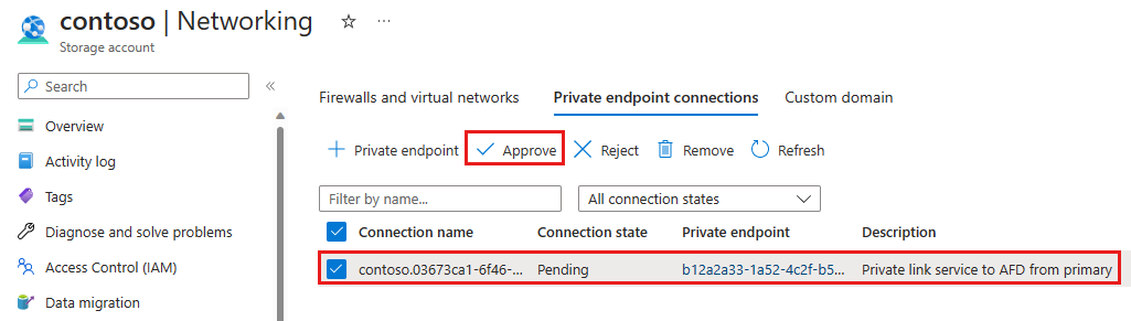 Screenshot dell'approvazione della connessione dell'endpoint privato dall'account di archiviazione.