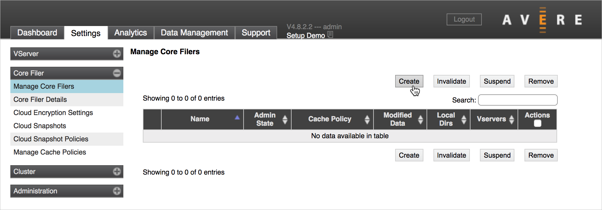 Selezione del pulsante Create (Crea) sopra l'elenco dei core filer nella pagina Manage Core Filers (Gestisci core filer)