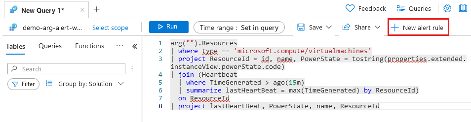 Screenshot dell'area di lavoro Log Analytics che mostra una query incrociata ed evidenzia la nuova regola di avviso.