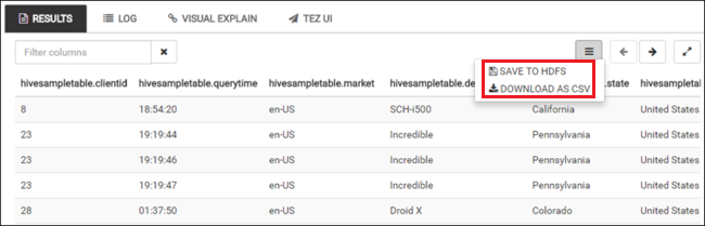 Salvataggio del risultato della query Apache Hive.