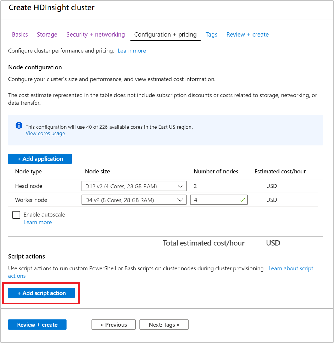 Azure portal cluster script action.