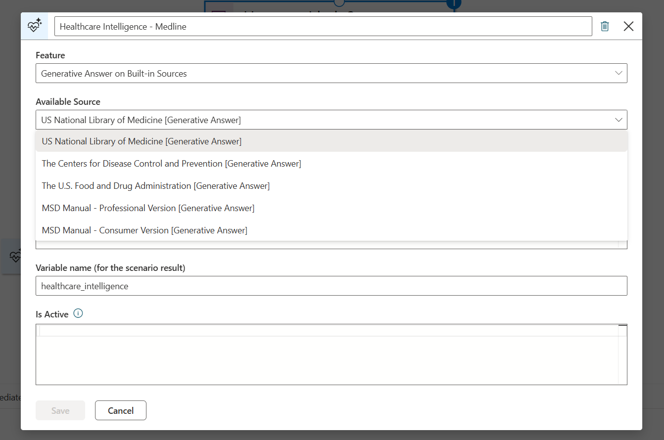 Screenshot of Healthcare Intelligence step built-in sources