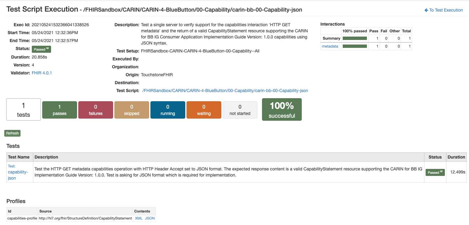 Risultati dell'esecuzione dello script di test delle funzionalità.