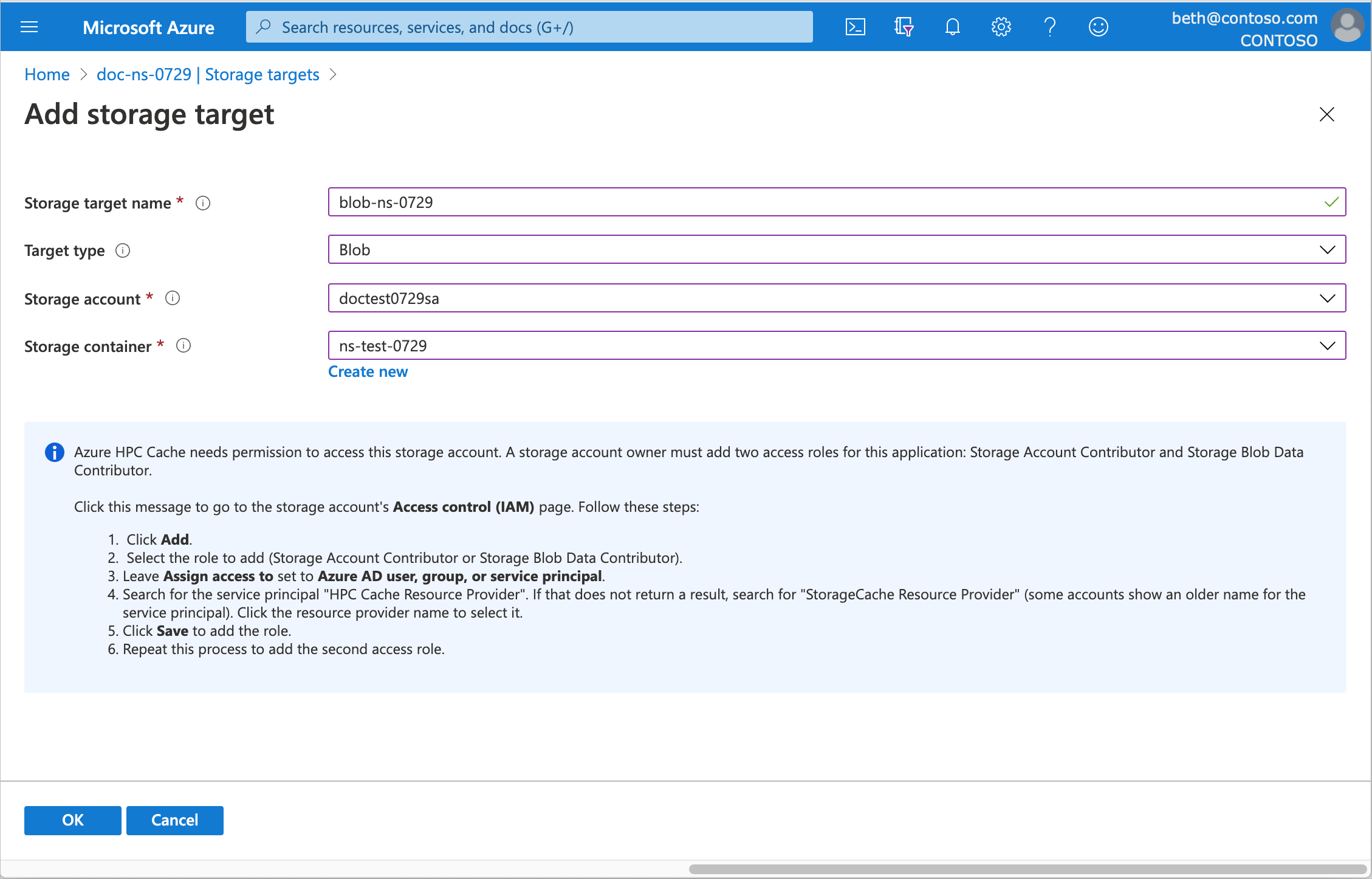 Screenshot della pagina Aggiungere destinazioni di archiviazione, popolata con informazioni per una nuova destinazione di archiviazione BLOB di Azure