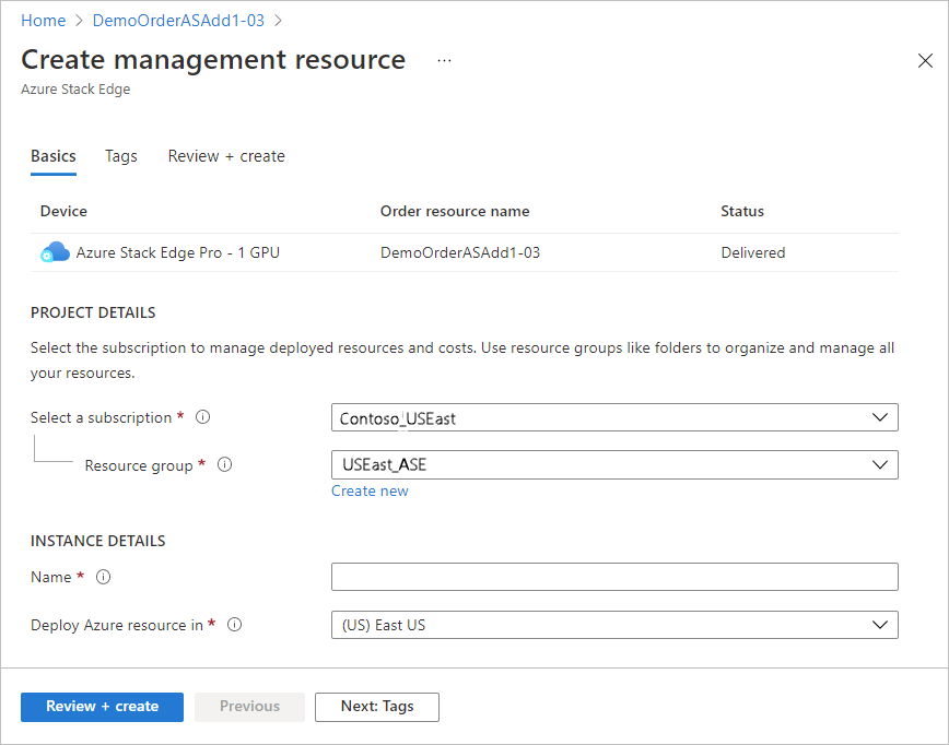 Screenshot della schermata Crea risorsa di gestione per un articolo dell'ordine spedito in un ordine del Centro hardware Edge di Azure.