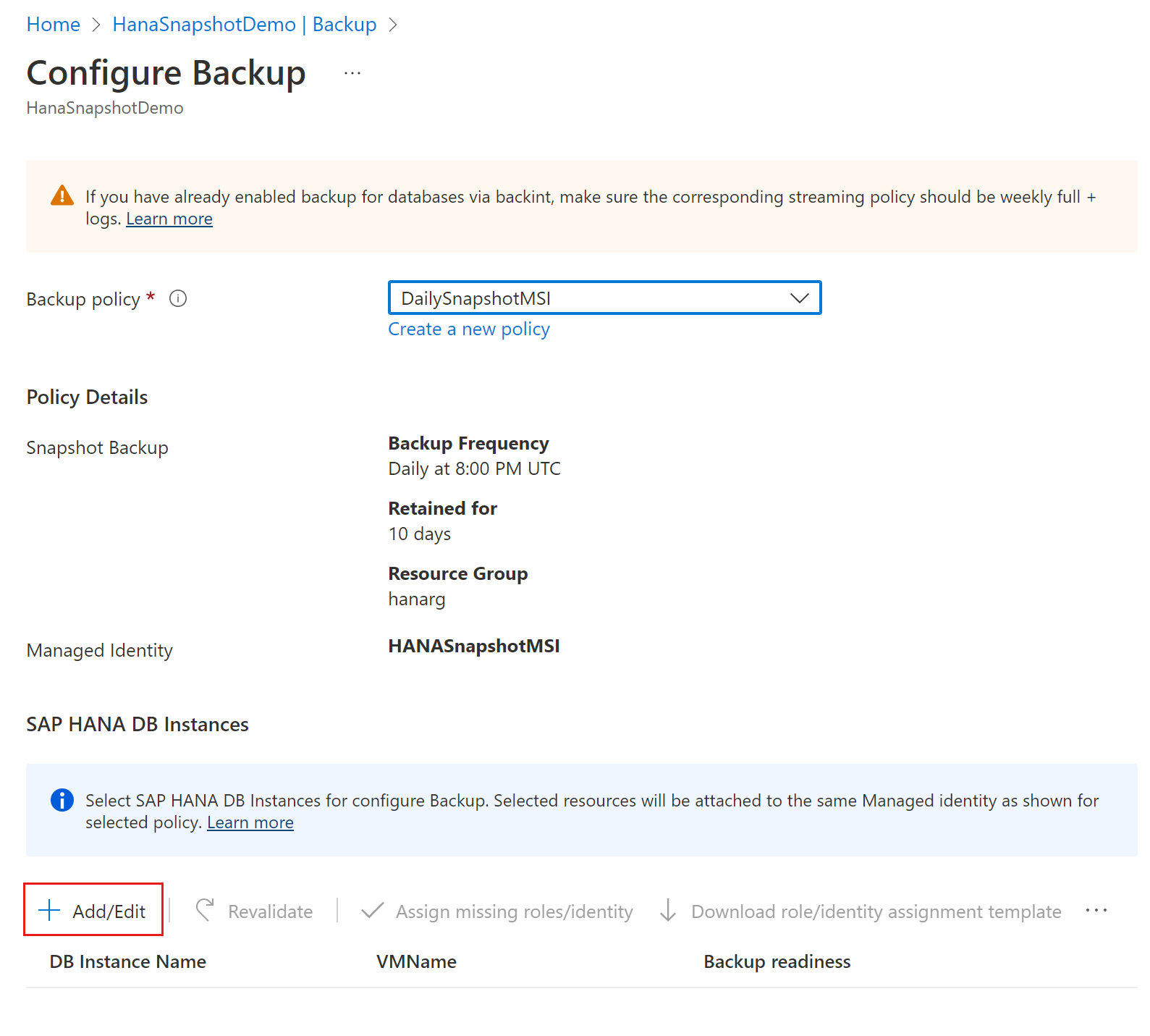 Screenshot che mostra dove selezionare e aggiungere un criterio di istanza del database.