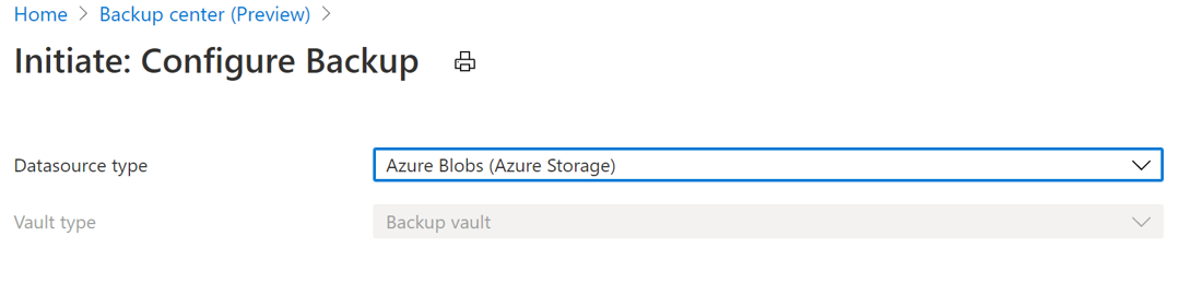 Screenshot che mostra come avviare la configurazione del backup di BLOB con insieme di credenziali.