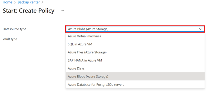 Screenshot che mostra come selezionare il tipo di origine dati per il backup dei BLOB con insieme di credenziali.