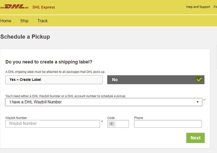 Screenshot del sito DHL per pianificare un ritiro.