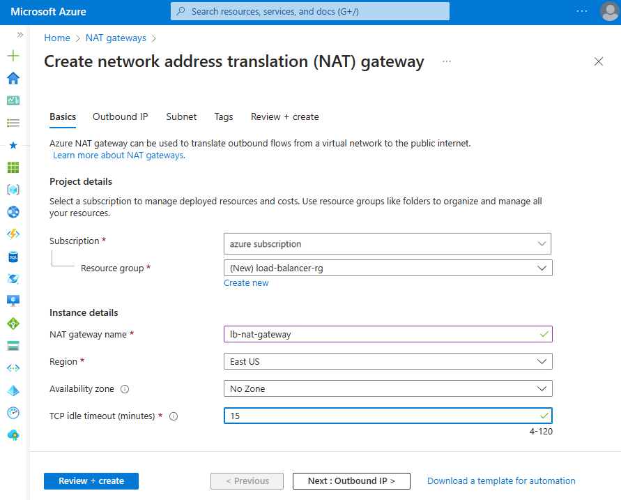 Screenshot della finestra Crea gateway NAT nel portale di Azure.