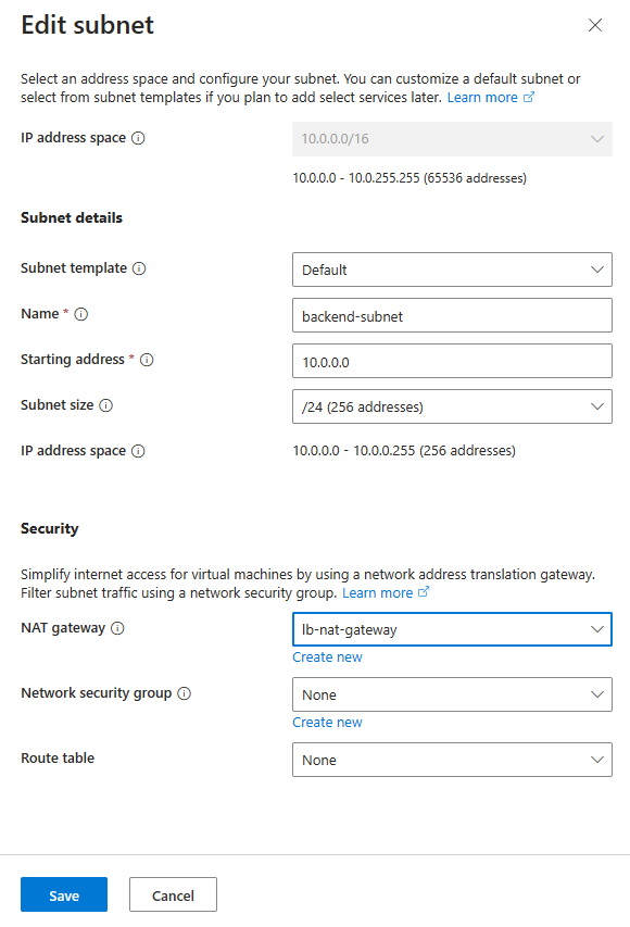 Screenshot della ridenominazione e della configurazione della subnet predefinita.