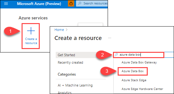 Figura che mostra il pulsante Più crea una risorsa e la casella di testo per la selezione del servizio in cui creare la risorsa. Azure Data Box è evidenziato.