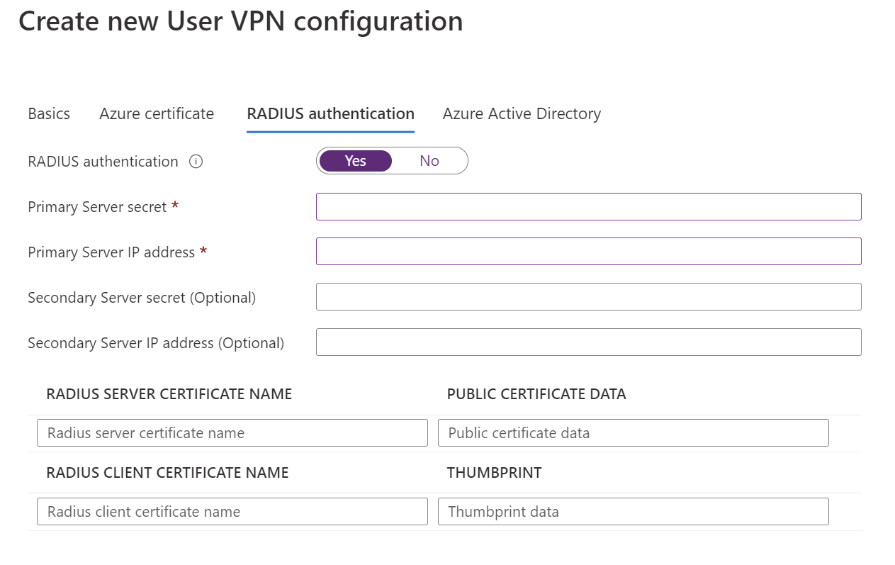 Screenshot della pagina dell’autenticazione RADIUS.