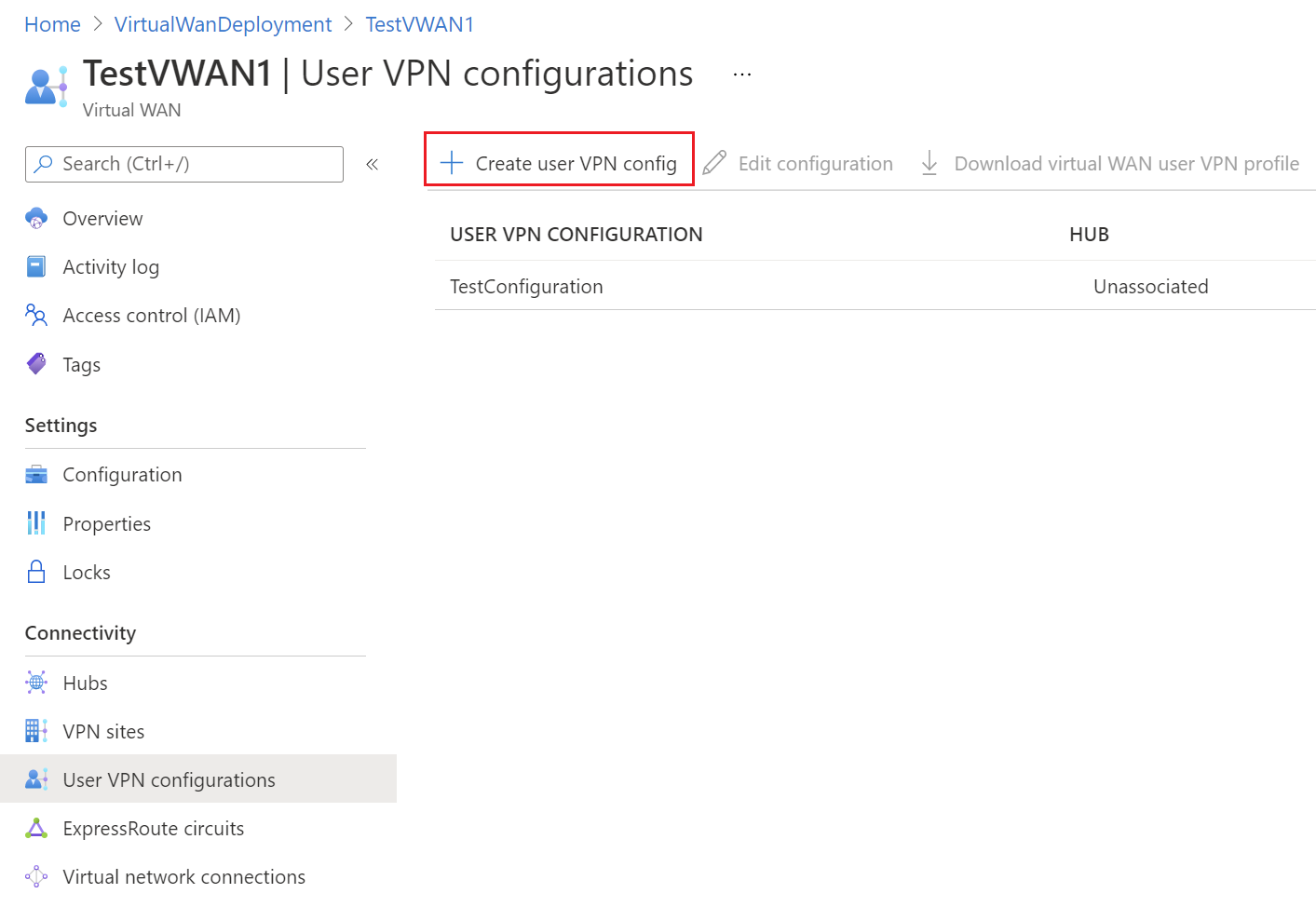 Screenshot della pagina Configurazioni VPN utente.