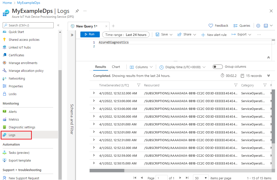 Screenshot che mostra la pagina Log per un'istanza del servizio Device Provisioning.