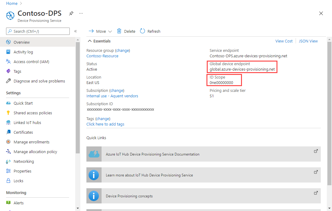 Screenshot che mostra la panoramica dell'istanza del servizio Device Provisioning, evidenziando i valori dell'endpoint del dispositivo globale e dell'ambito ID per l'istanza.