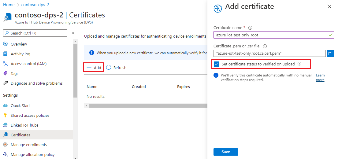 Screenshot che mostra l'aggiunta del certificato CA radice a un'istanza del servizio Device Provisioning.