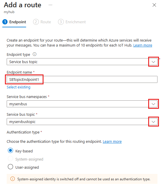 Screenshot che mostra il riquadro di aggiunta di un endpoint dell'argomento del bus di servizio con le opzioni corrette selezionate.