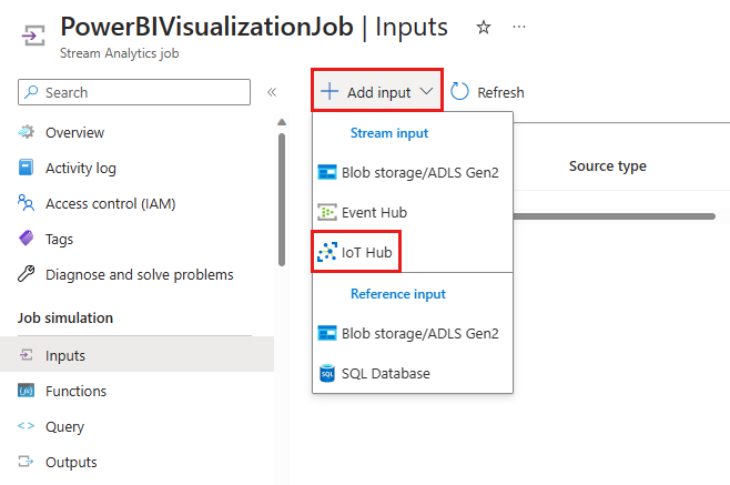 Screenshot che mostra la selezione di hub IoT dal menu aggiungi input.