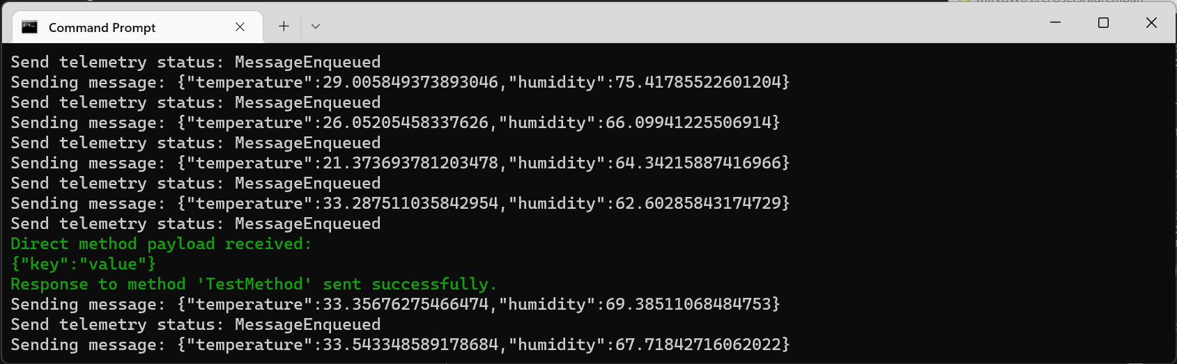 Screenshot che mostra il dispositivo che conferma che il metodo diretto è stato ricevuto.